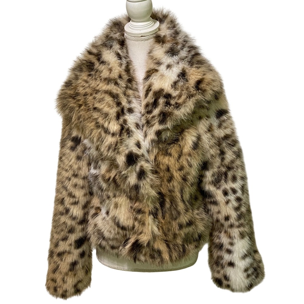 Jessica Simpson Womens Lapel Collar Faux Fur Jacket S Leopard Print Mob Wife